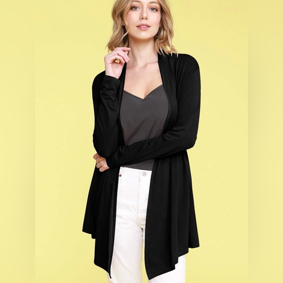 Draped Front Open Cardigan Casual Long Sleeve Lightweight Cardigan -black - Picture 2 of 6